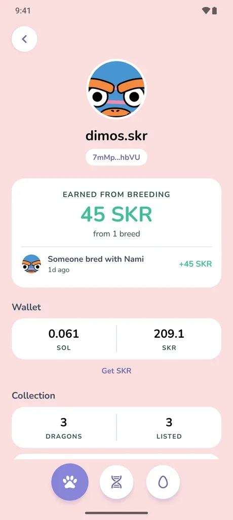 A trainer profile: earned from breeding 45 SKR, 3 dragons, 3 listed