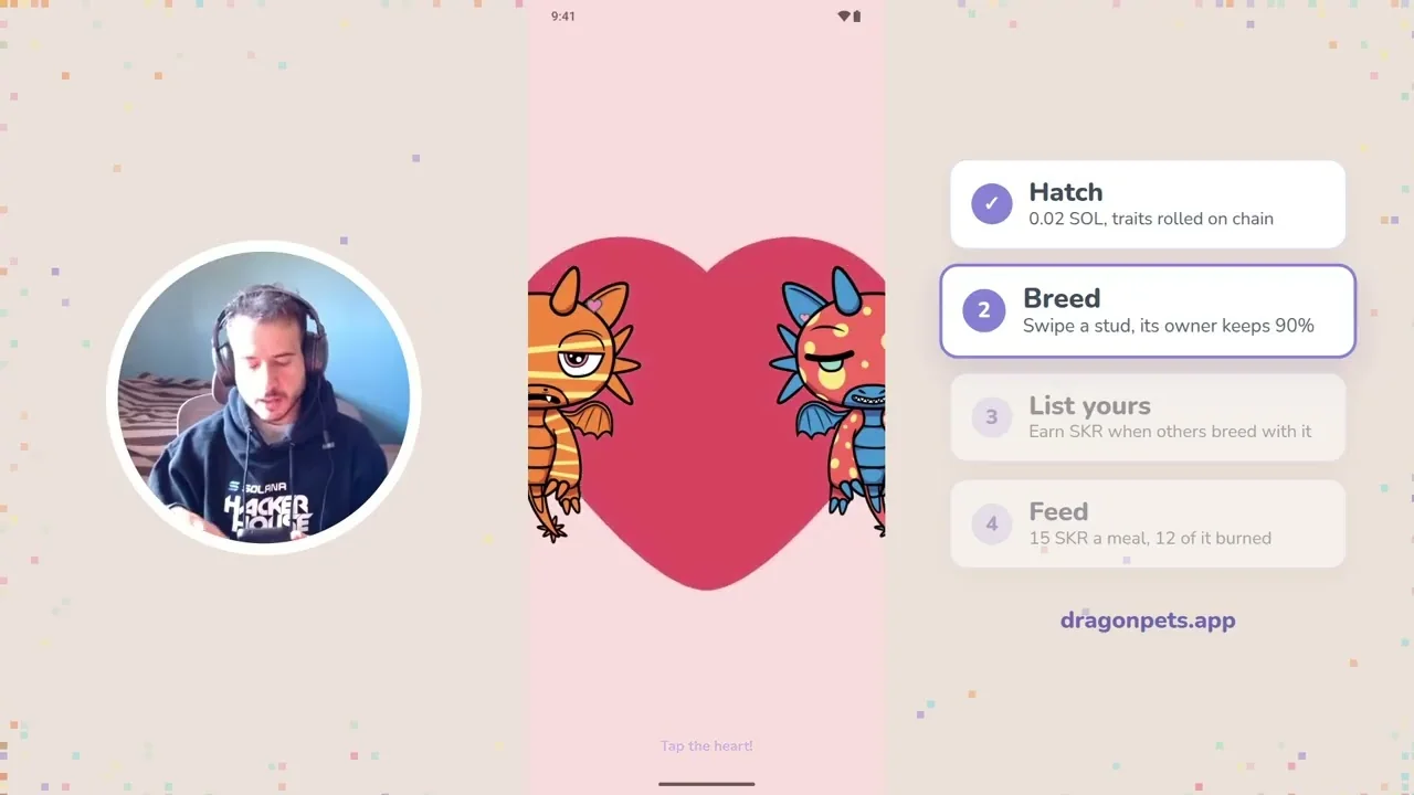 A dragon on a Seeker, next to the four steps: hatch, breed, list yours, feed